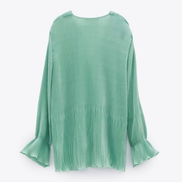 Zara Sea Green Micro Pleated Blouse Long Sleeve Top XL - Picture 4 of 13